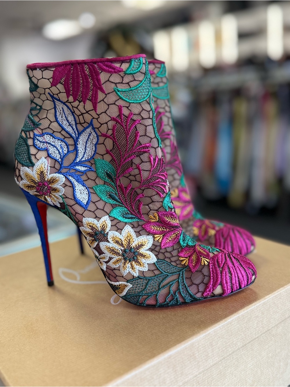 Pre owned New Christian Louboutin Size 10 Floral Embroidered Lace Ankle Boots